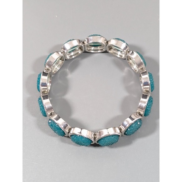 Beachy Coastal Blue Faux Drusy Acrylic Tennis Stretch Bracelet Silver Tone 6.5" - Picture 2 of 10